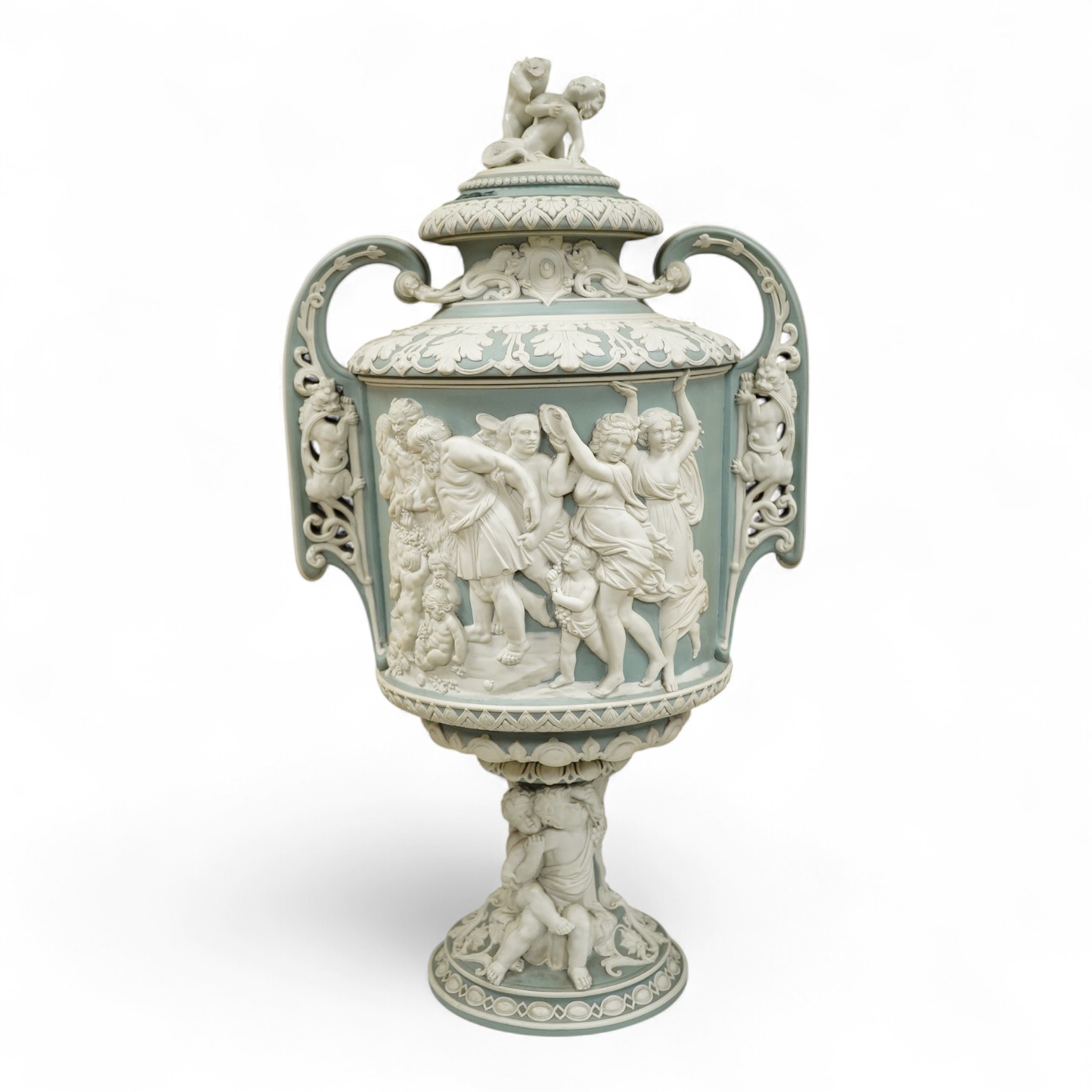 A large late 19th green jasperware two-handle vase and cover by J. Ridge, 58cm